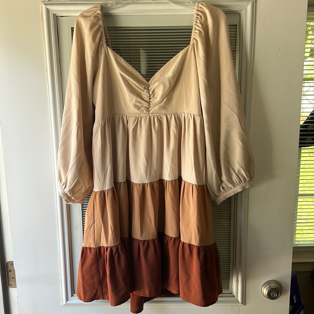Block colored, baby doll dress with stretchy back and sweetheart neckline